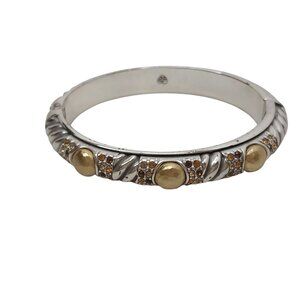Brighton Silver & Gold Tone Bangle Bracelet Amber Crystal Accents Hinged